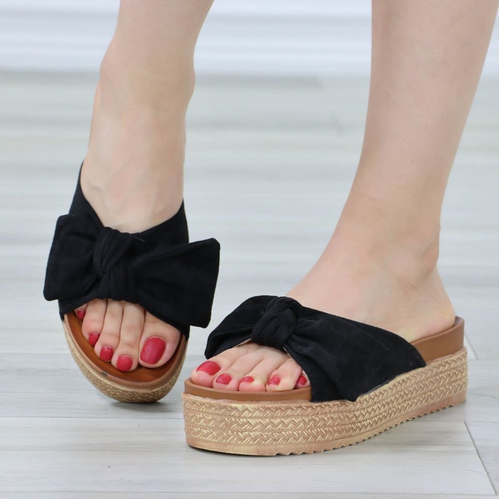 Suede Black Bow Comfort Platform Sandal Slip On Sliders